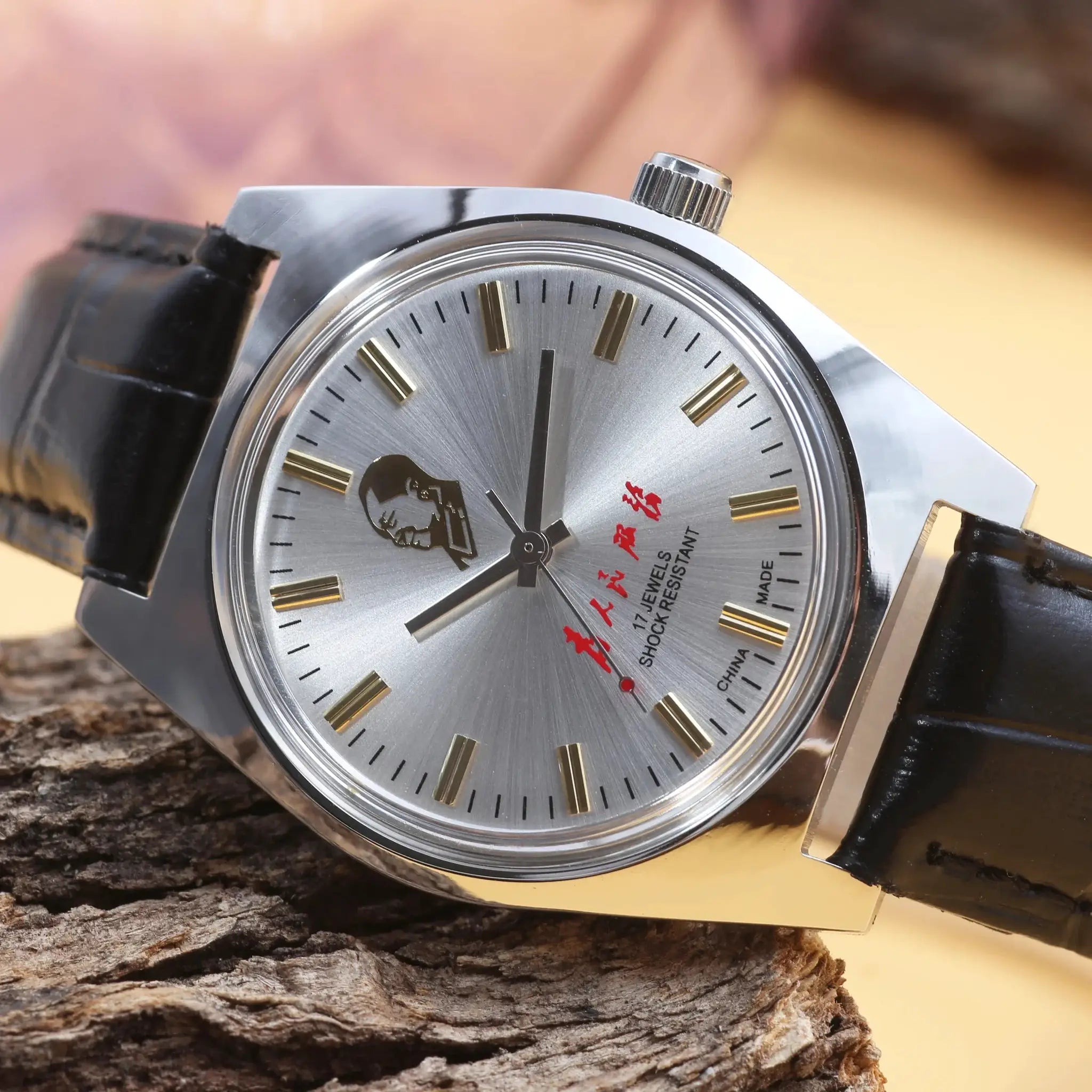 Simples Market 7120 hand-wind mechanical men's watch, 36mm, silver dial with gold-tone markers, black leather strap