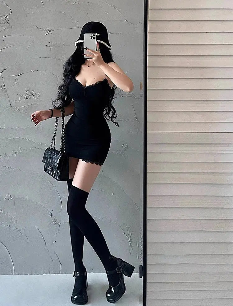 Y2K Retro Lace Patchwork Spaghetti Strap Black Bodycon Club Dress