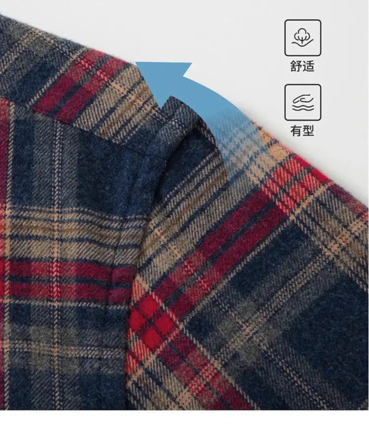 100% cotton flannel shirt by Simples Market, men's plaid multi-color red/navy/beige.