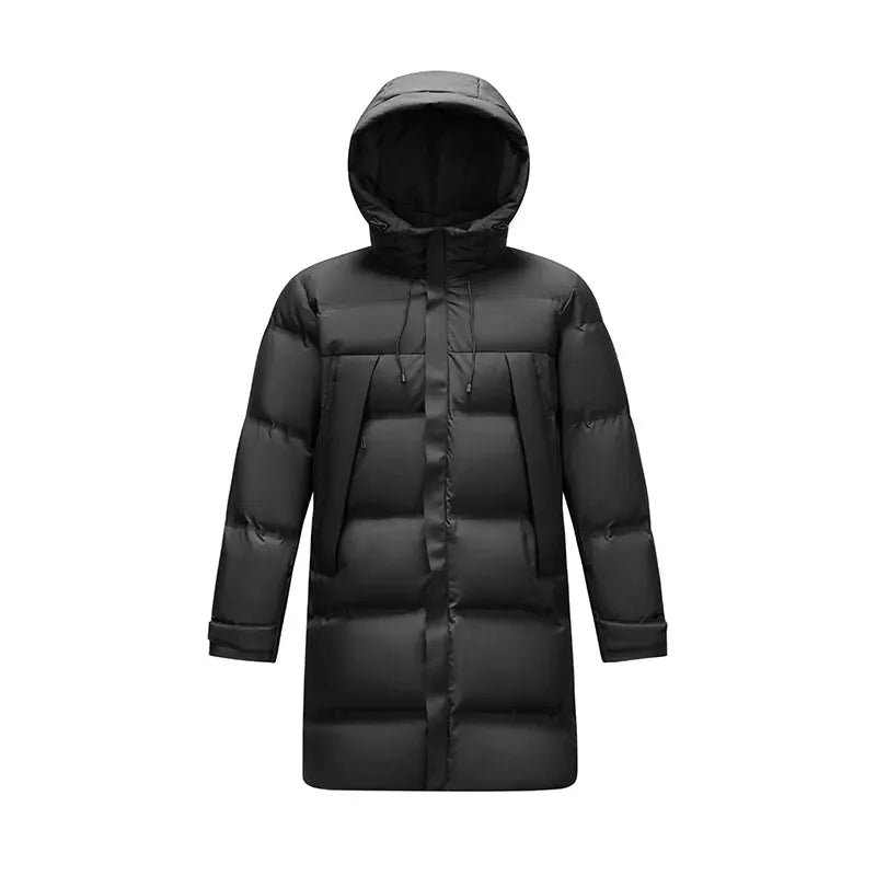 Down jacket for men, black long hooded puffer with front pockets
