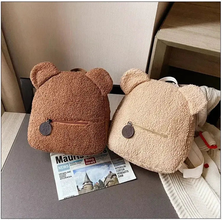 Two bear-ear fleece mini backpacks for kids, brown and beige plush lambswool daypacks