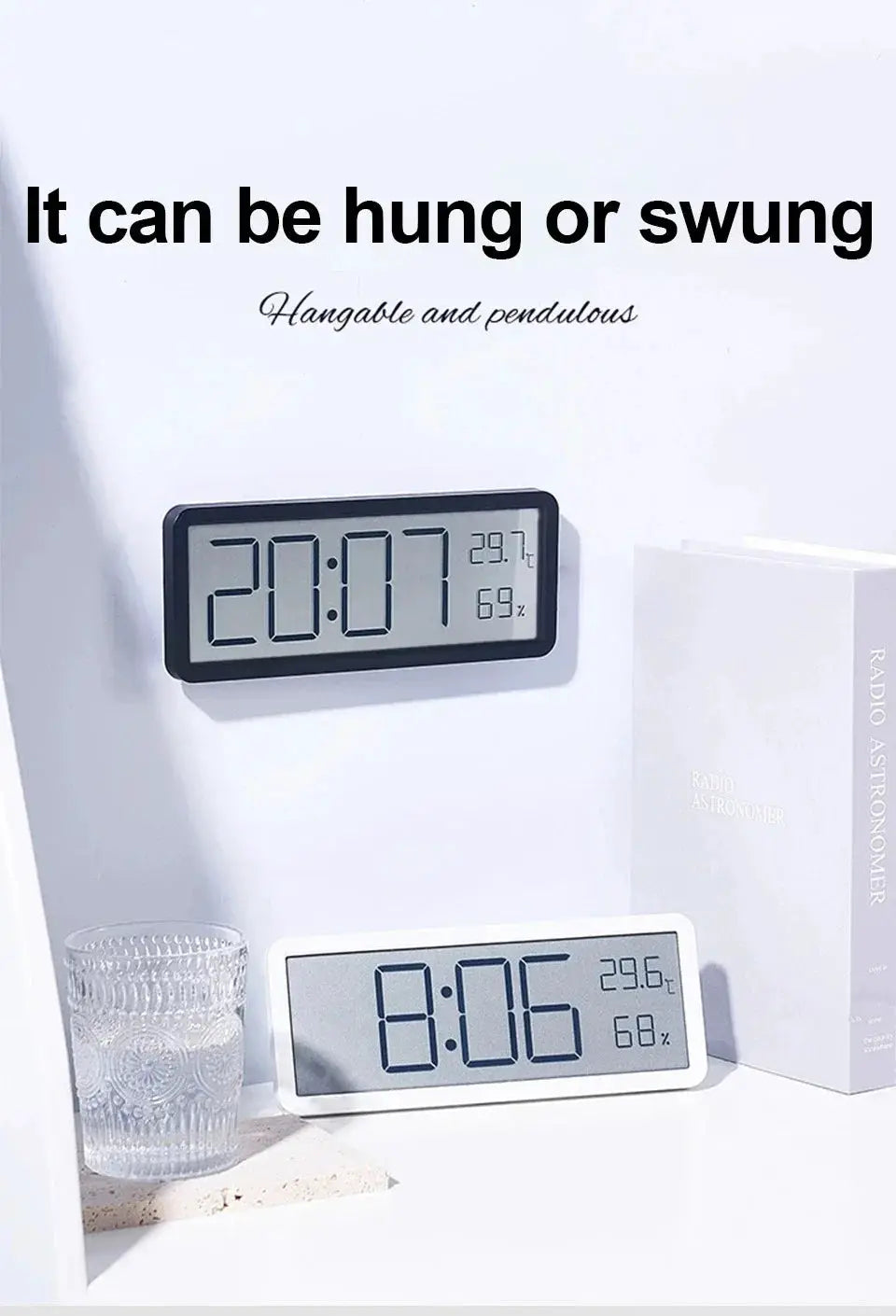 Two LCD digital clocks with time, temperature and humidity displays; wall-mounted and desk models, battery powered