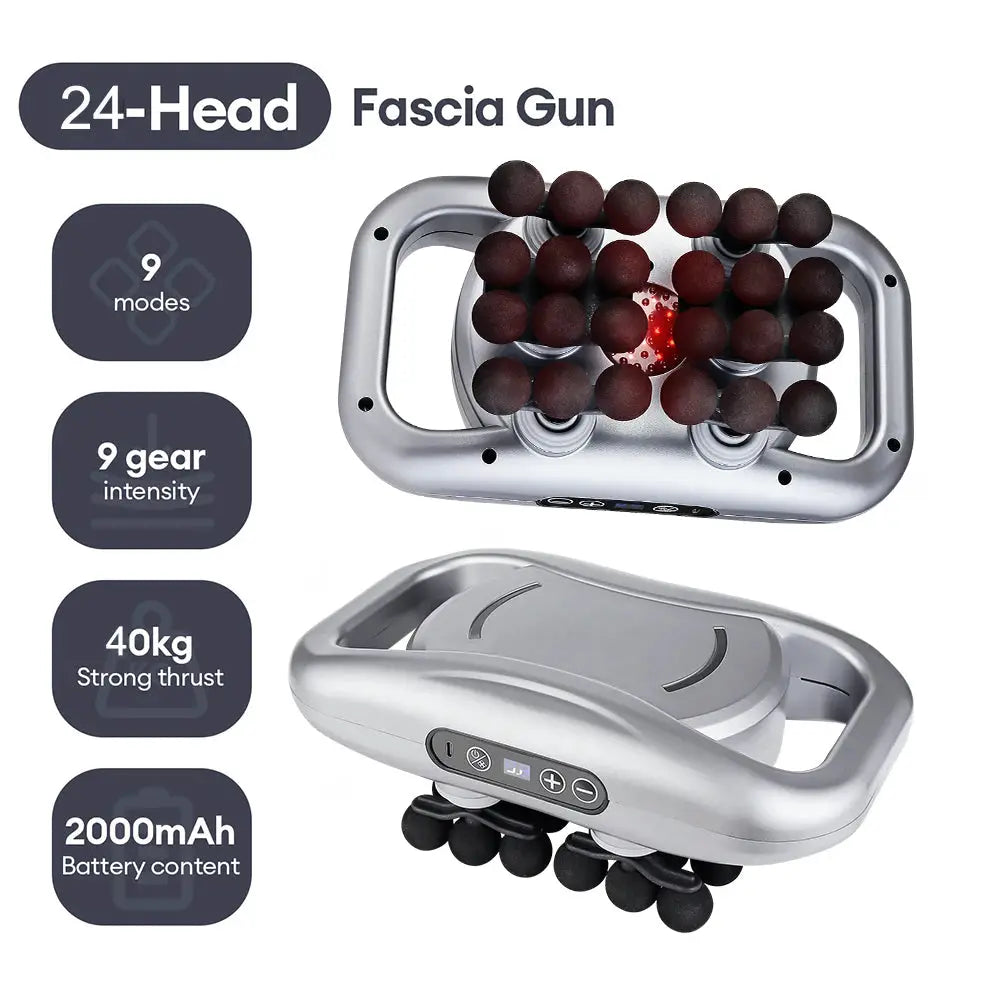 Simples Market 24-Head fascia gun massager with 9 modes, 9 intensity, 40kg thrust, 2000mAh battery, LED display