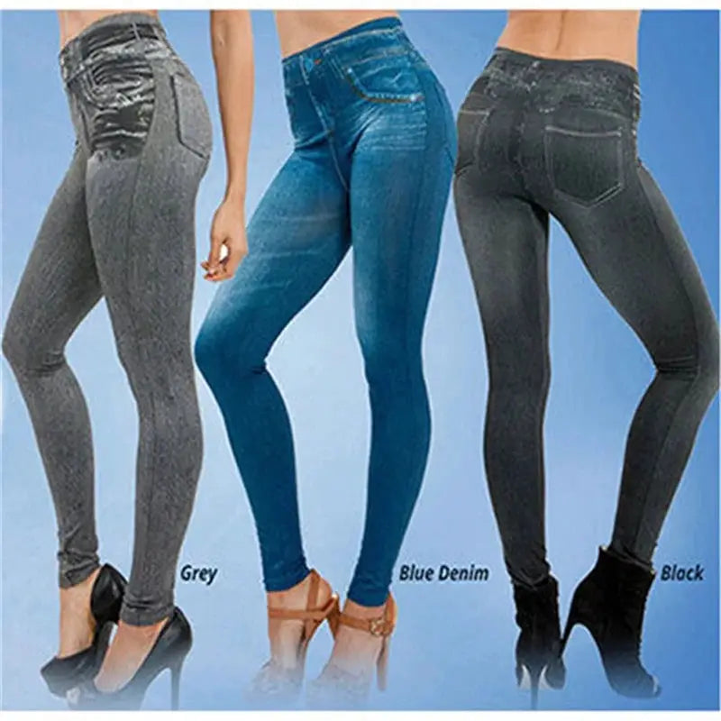 Ultra High Stretch Denim Leggings for Women with high waist and lifted buttocks, slim fit in grey, blue denim and black