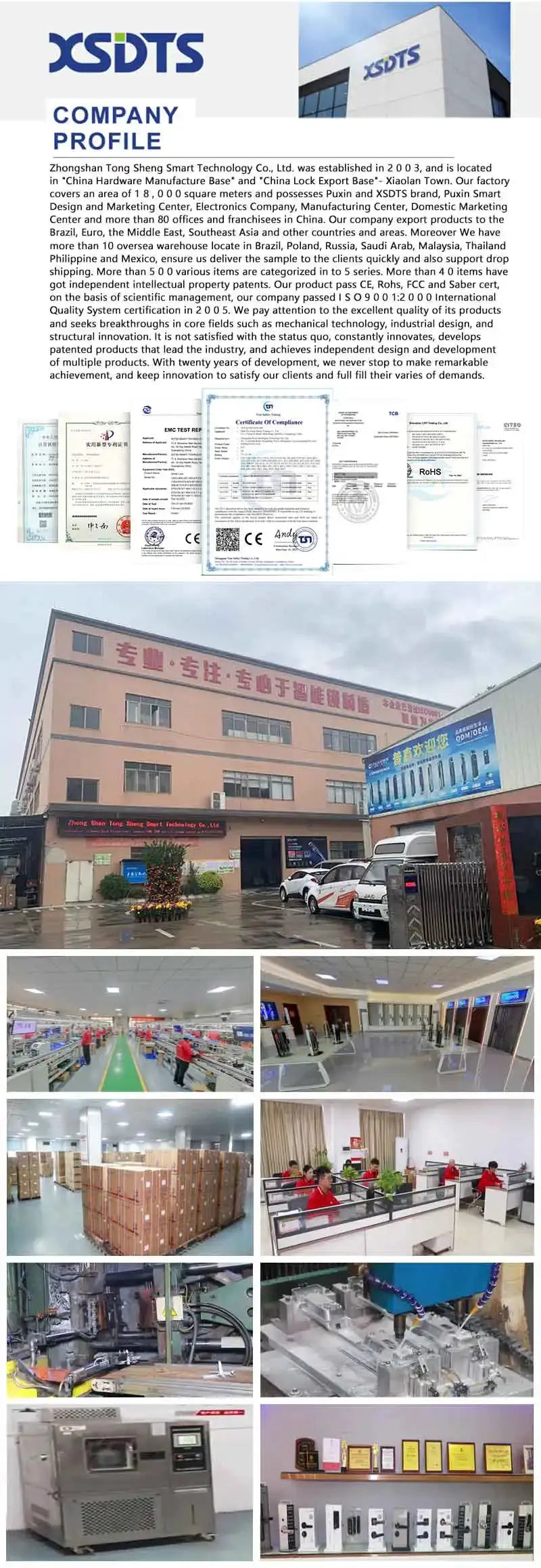 XSDTS logo company profile collage with certificates, exterior building, and factory interior photos.