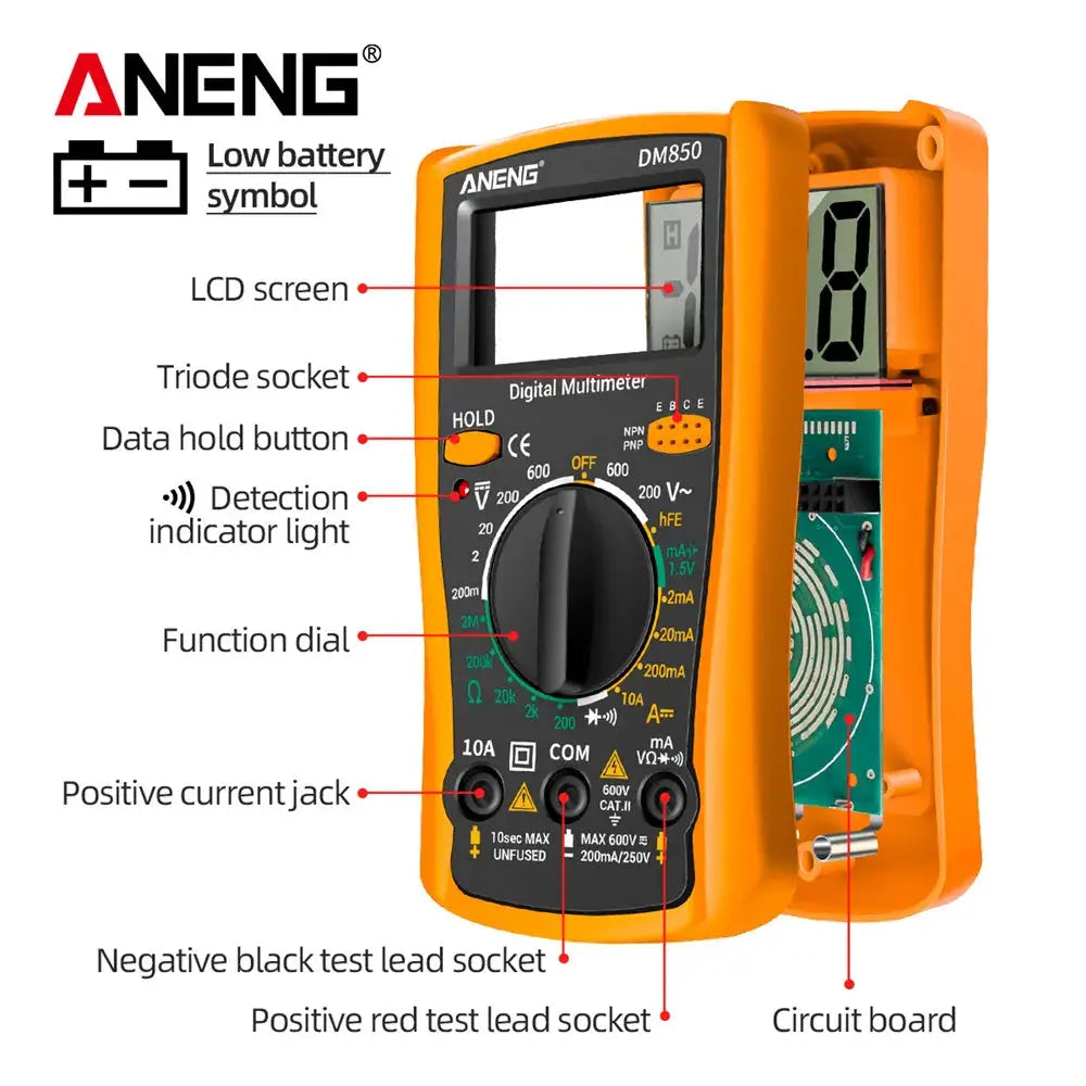 ANENG DM850 Digital Multimeter 1999 Counts Auto Range AC DC Voltage Ohm Current Ammeter Tester Tool