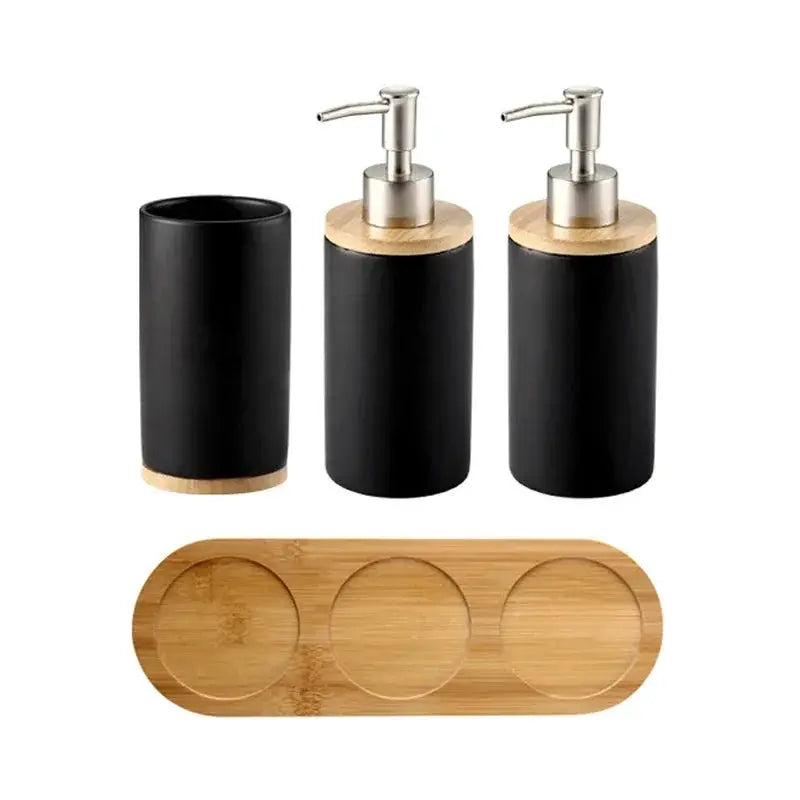 Ceramic bathroom accessories set in black with bamboo accents; 3 cylinders and tray.