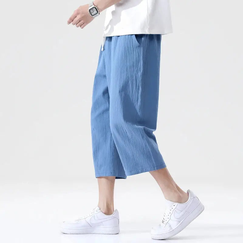 Simples Market men's blue linen shorts, lightweight ankle-length with drawstring waist