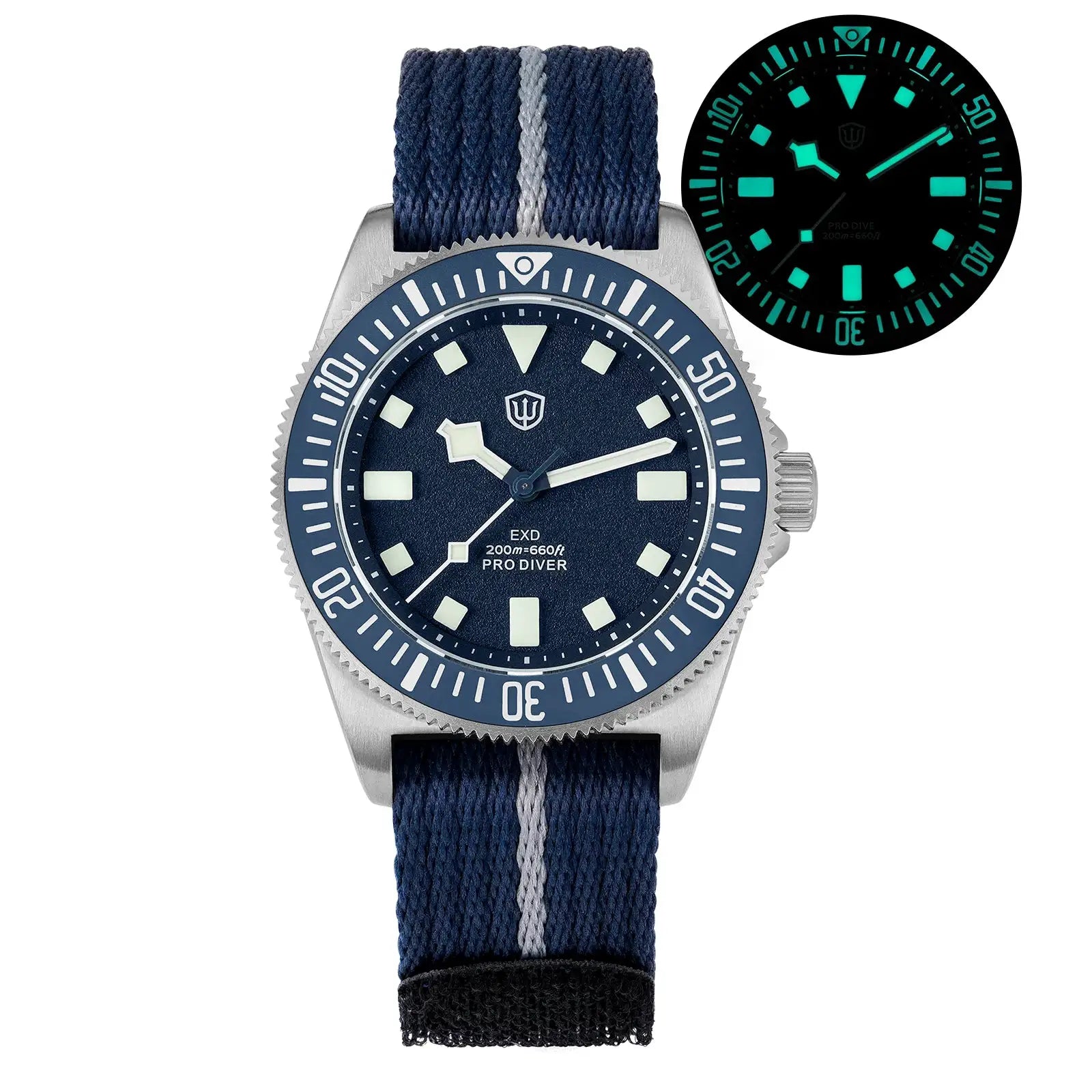 Watchdives EXD 40mm titanium dive watch by Simples Market, navy dial with luminous markers, blue fabric strap