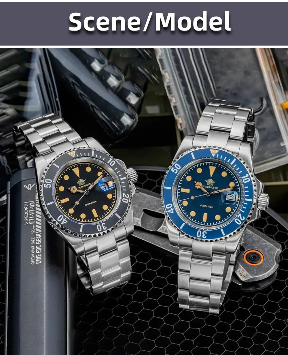 Two ADDIESDIVE 41mm men's quartz dive watches, stainless steel bracelet, black and blue dials with luminous hands.