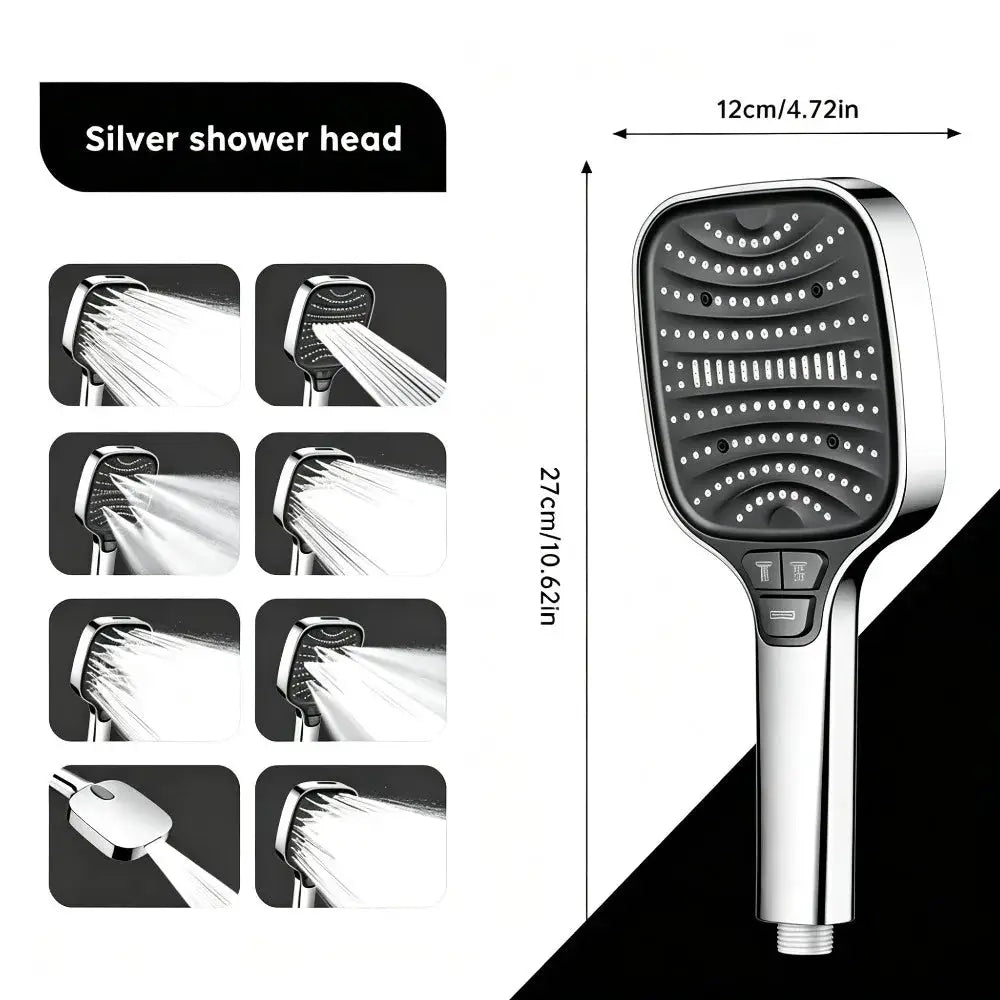 1 pc Square handheld showerhead by Simples Market, silvery finish with 8 spray modes and high-flow rain spray.
