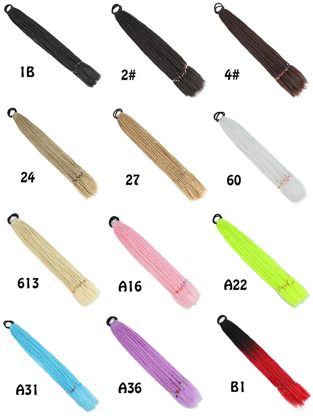 Braided ponytail extensions by Simples Market, gradient rainbow colors, 24 inches with elastic band, 12 color options