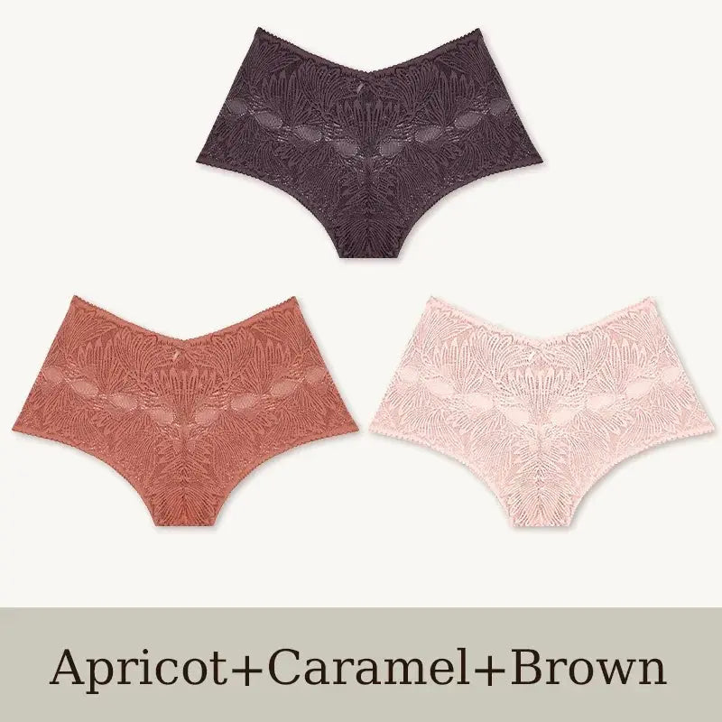 3-pack women's seamless lace briefs in apricot, caramel and brown; low-rise, breathable underwear by Simples Market