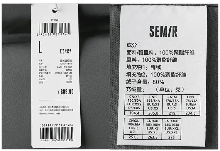 SEM/R men's down jacket with long hood and duck down filling, black outerwear