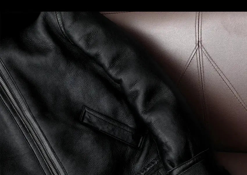 Leather fur jacket for men in black with zip front