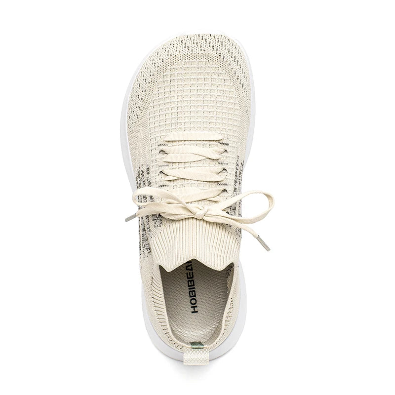 HOBIBEAR unisex running sneaker, cream mesh, lace-up, top view
