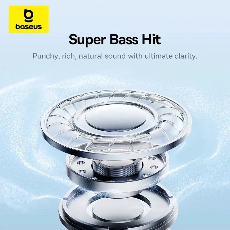 Baseus wireless headphones exploded-view driver assembly; metallic silver components with Baseus logo