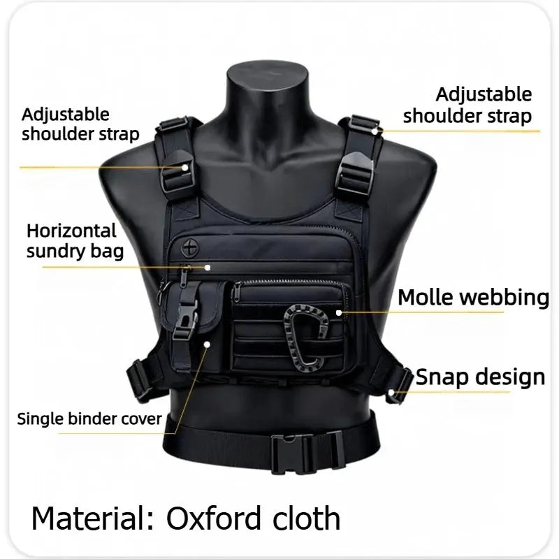 Outdoor Tactical Chest Bag for Men by Simples Market, black Oxford cloth with Molle webbing and adjustable straps.