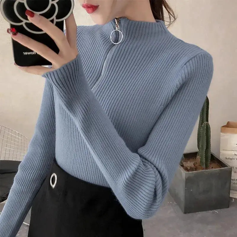 TrendWeave Zipper Half High Neck Knit Sweater Pullover For Women Autumn Winter Slim Solid Knitwear