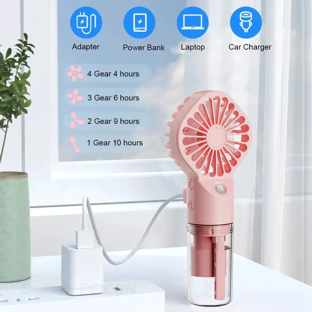 Portable handheld spray fan by Simples Market, pink USB rechargeable humidifier with water mist, 4 speeds.