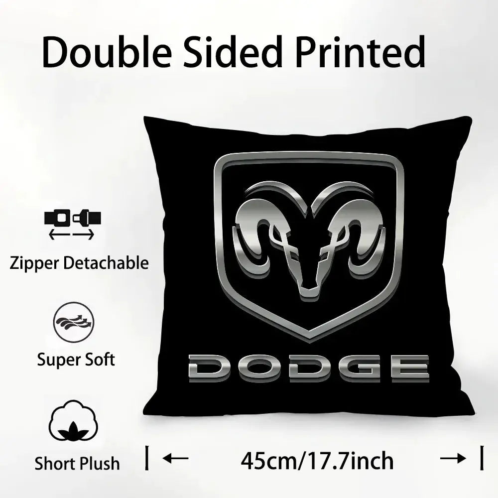 Dodge car logo pillow cover, black short-plush fabric, double-sided print with detachable zipper
