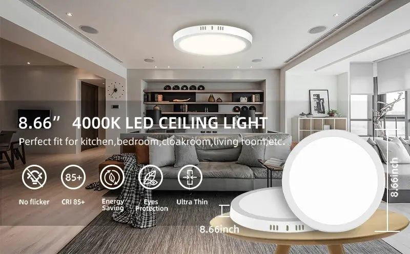 Round white LED ceiling light, ultra-thin panel, 8.66-inch diameter, 4000K, for living rooms.