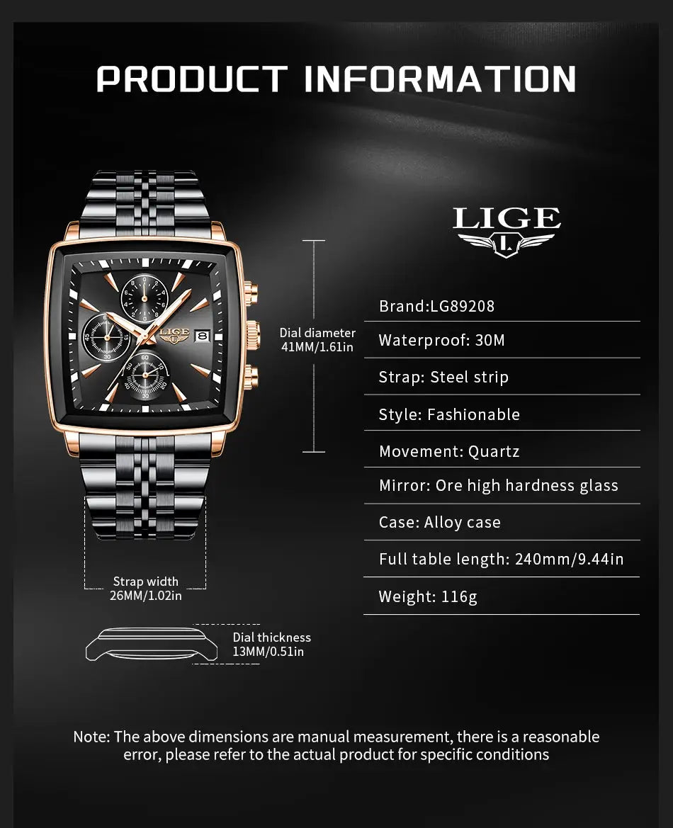 LIGE men's square-dial watch with stainless steel strap, rose gold bezel, black dial, chronograph, waterproof, box