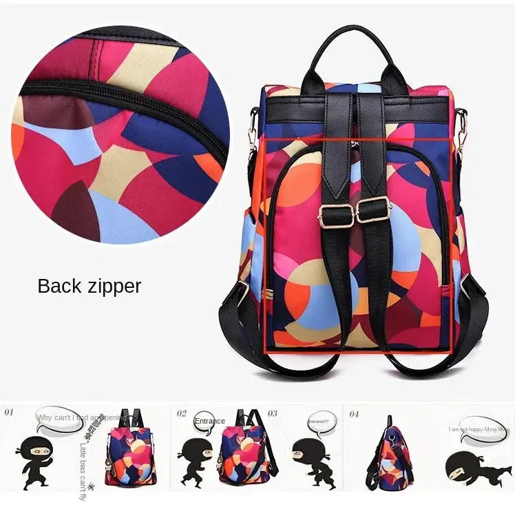 Women backpack with colorful abstract print in Oxford cloth.