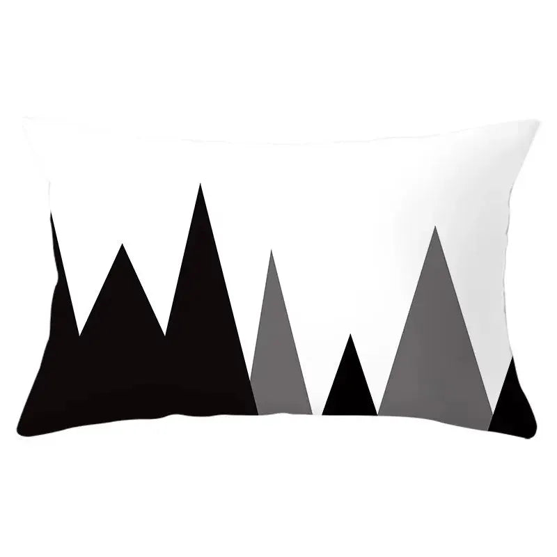 Rectangular decorative pillowcase with black and gray geometric mountain pattern on white, polyester