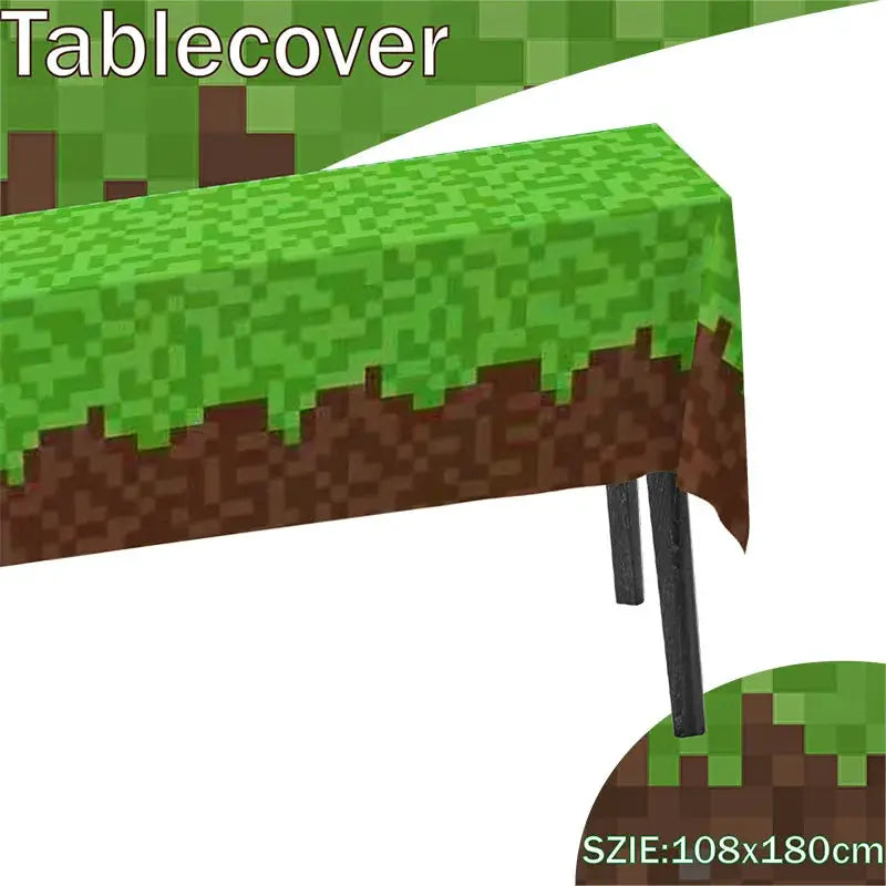 Pixel Miner Style Grass Tablecloth For Gaming Birthday Party Decor Mining Craft Theme Pixel Miner Party Supplies