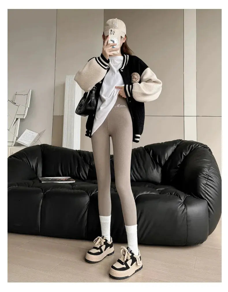 Winter cashmere leggings for women, beige, high-waist, thick warm knit.