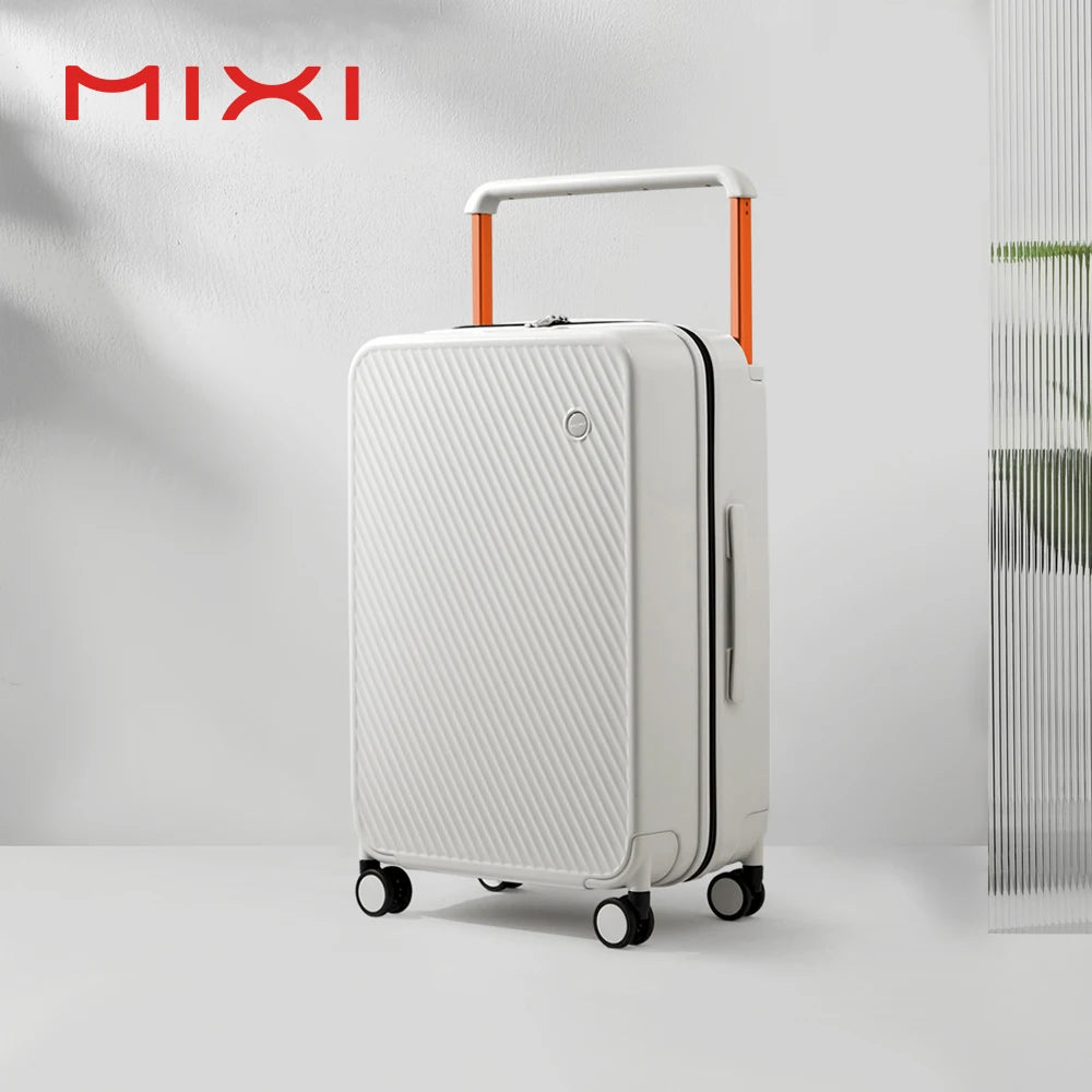 MIXI white hardside travel luggage suitcase with orange handle and spinner wheels