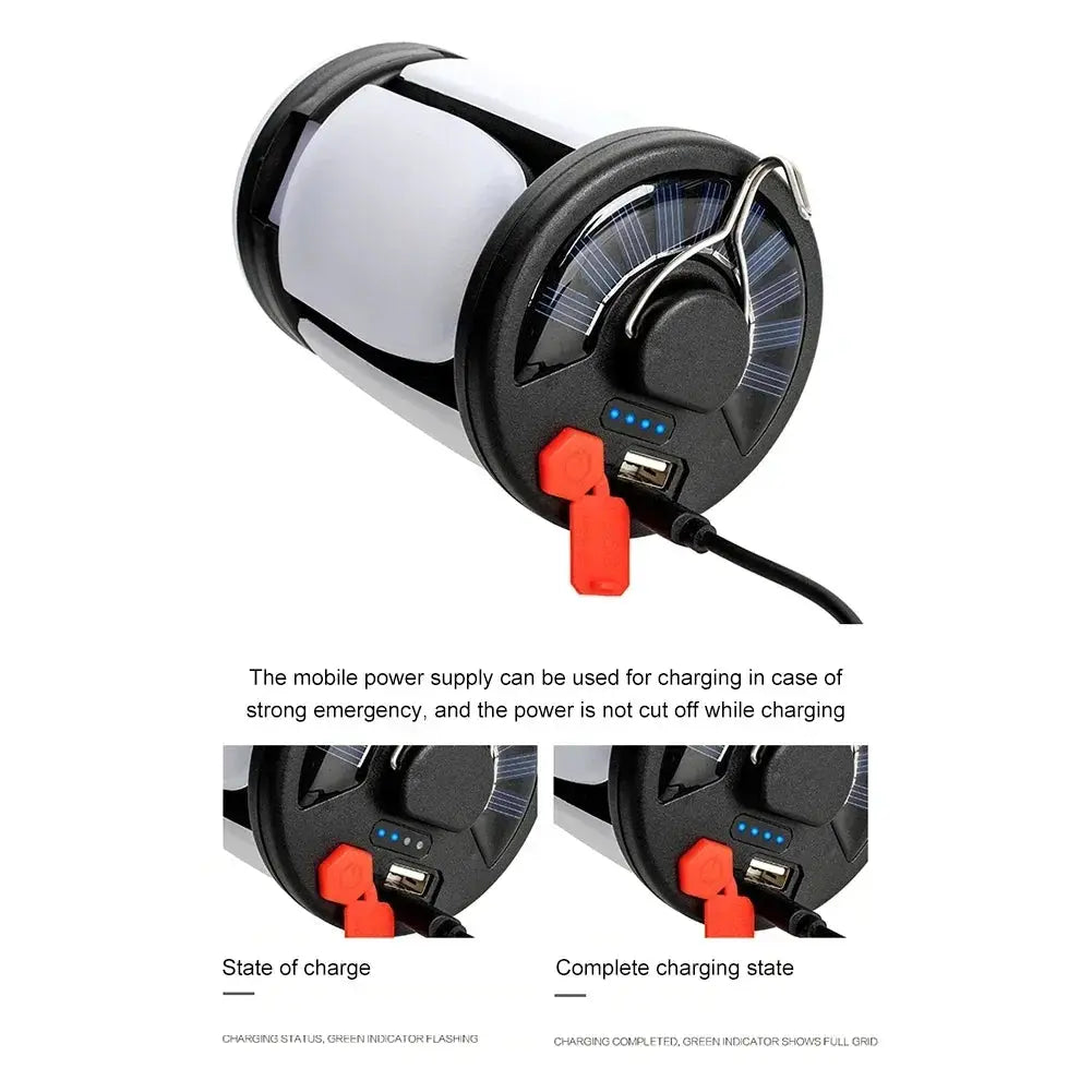 Outdoor solar LED camping lantern with USB rechargeable, hanging hook, solar panel, and orange USB cap