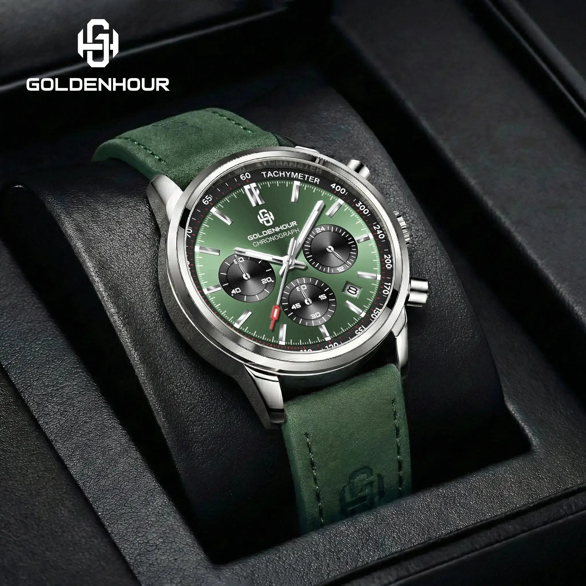 GoldenHour men's green chronograph watch with green leather strap and stainless steel case
