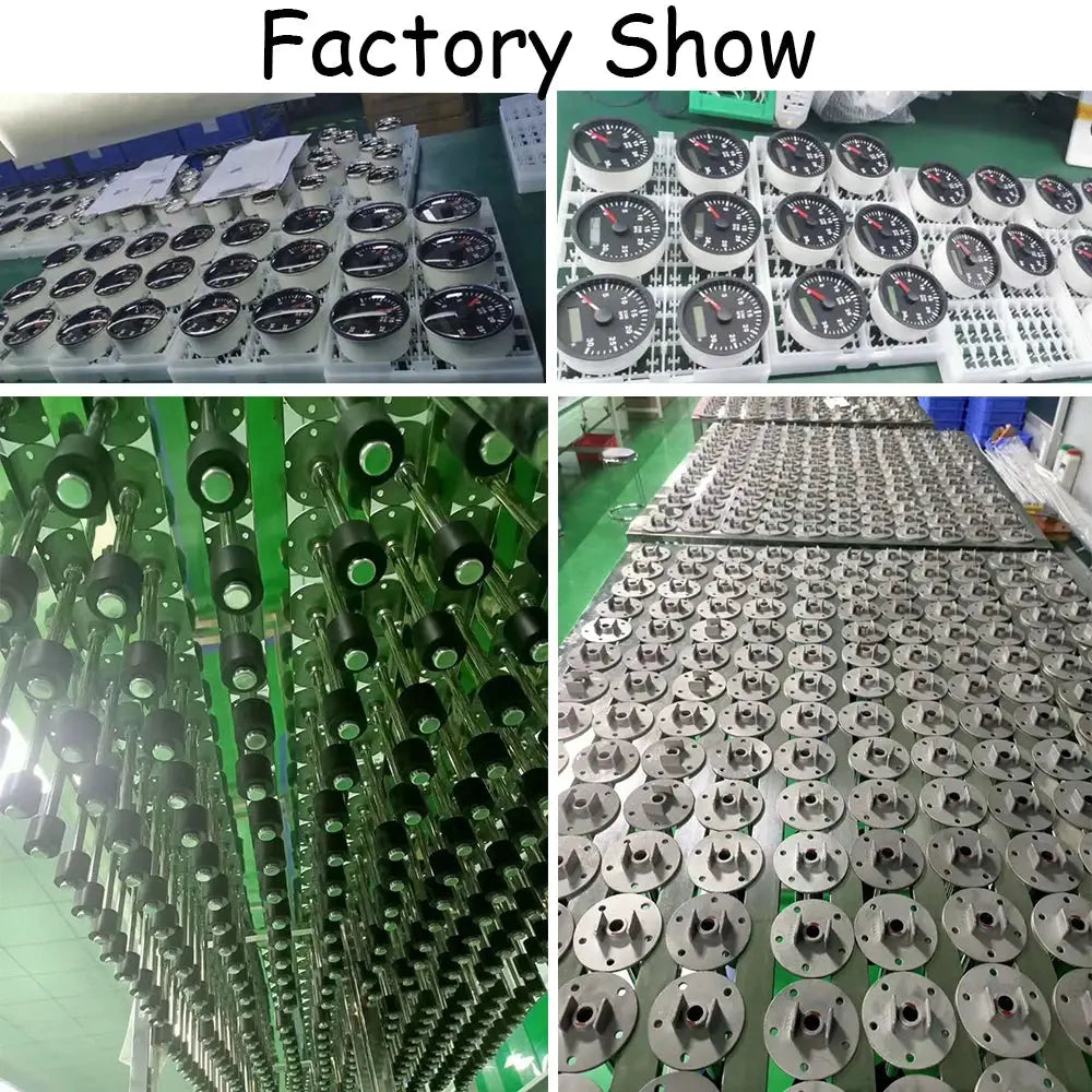 Factory display of 52mm gauge dials and components on trays for petrol racing cars by Simples Market