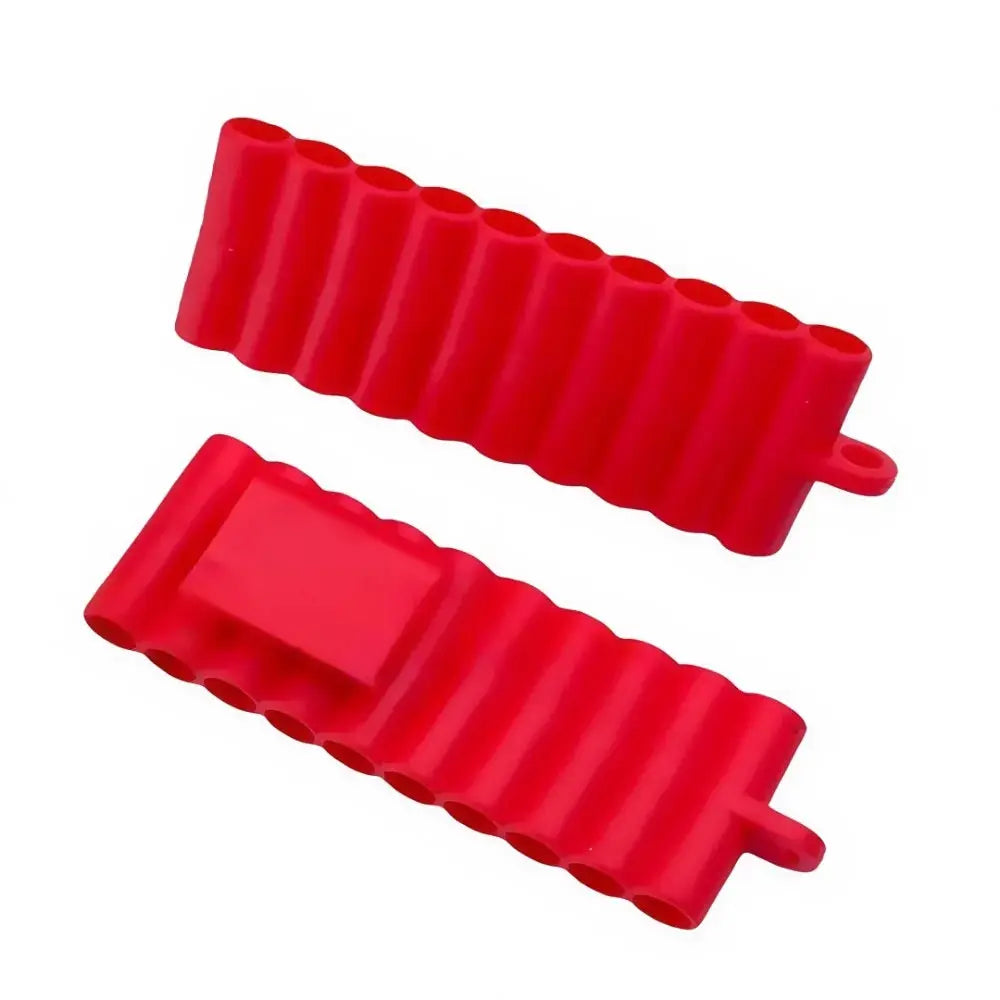 Pair of red soft-rubber screwdriver bit holders with 22 holes for 1/4 inch hex bits.