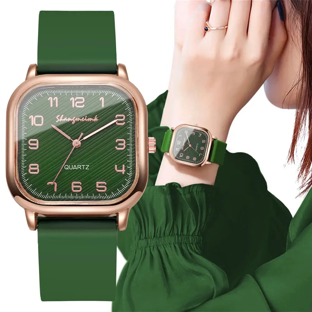 Simples Market fashion square women watches; green dial, rose-gold case, green silicone straps, two watches