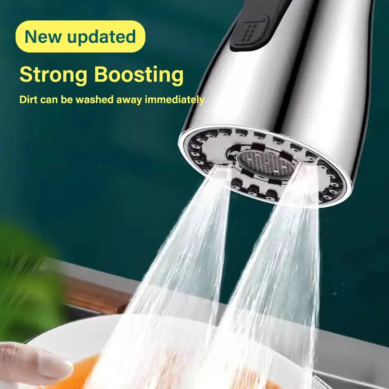 3-in-1 kitchen faucet extender by Simples Market, chrome finish with 360° swivel pull-out spray and multi-mode settings