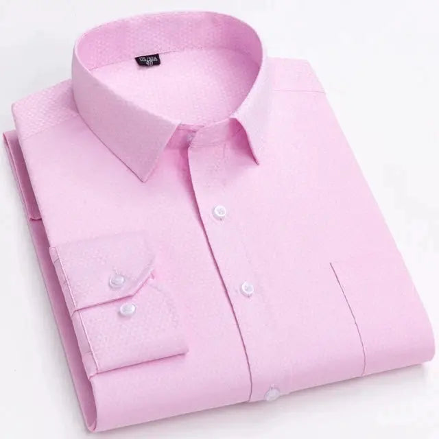 Men's pink long-sleeve dress shirt by Simples Market, folded with collar and single pocket