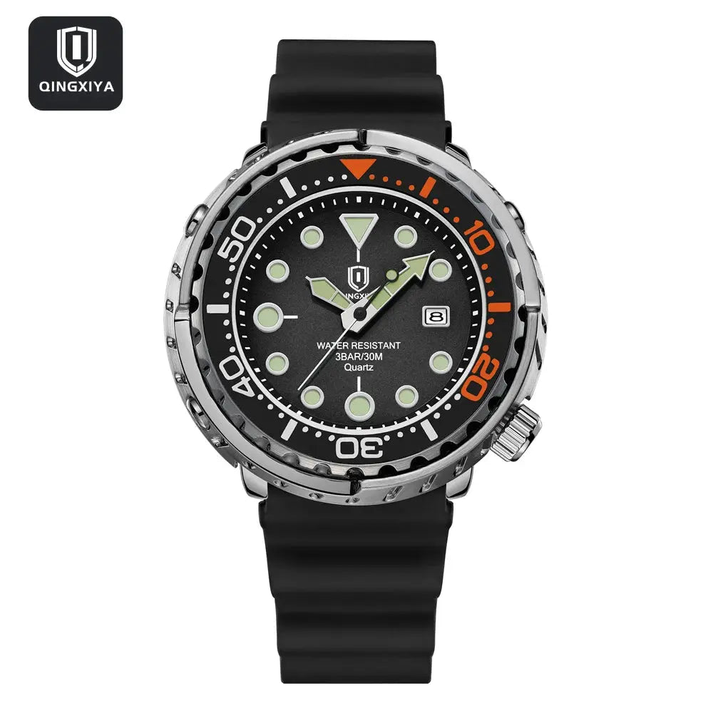 QINGXIYA sports men's quartz watch with black silicone strap, luminous dial, date window, and orange bezel markers