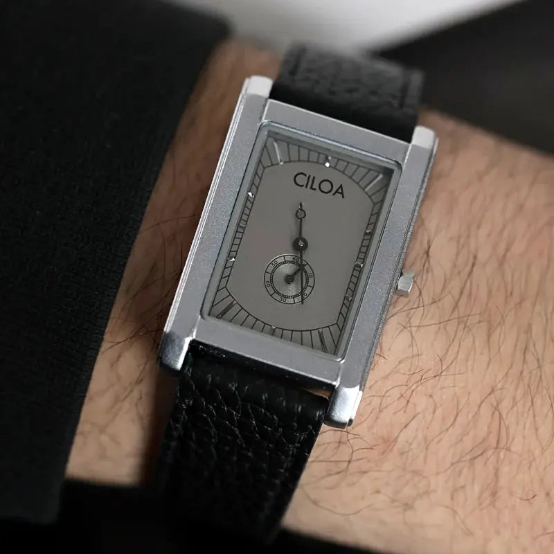 CILOA square men’s quartz watch with silver case and black leather strap