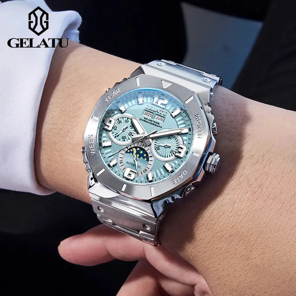 GELATU men's diving automatic watch with blue dial, moon phase, stainless steel case and bracelet