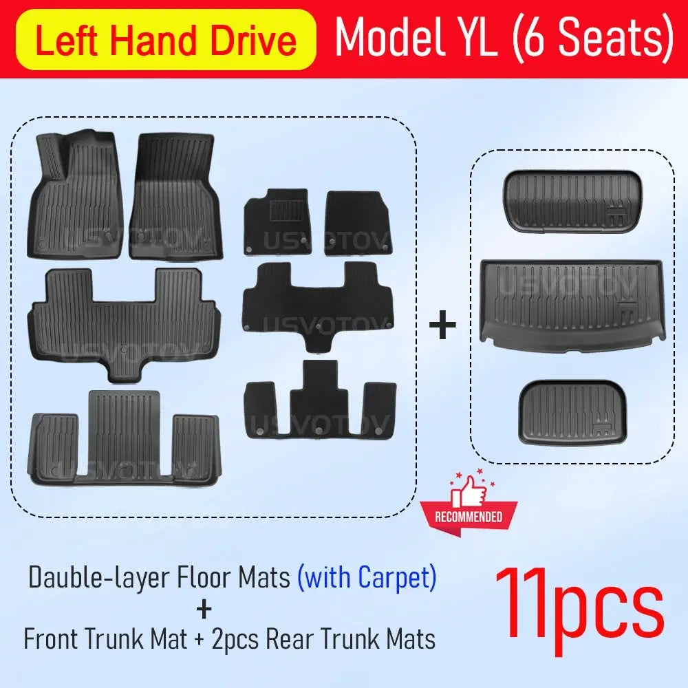 Simples Market USVOTOV black all-weather floor mats for 2026 Tesla Model YL, 11-piece set incl. front/rear/trunk mats