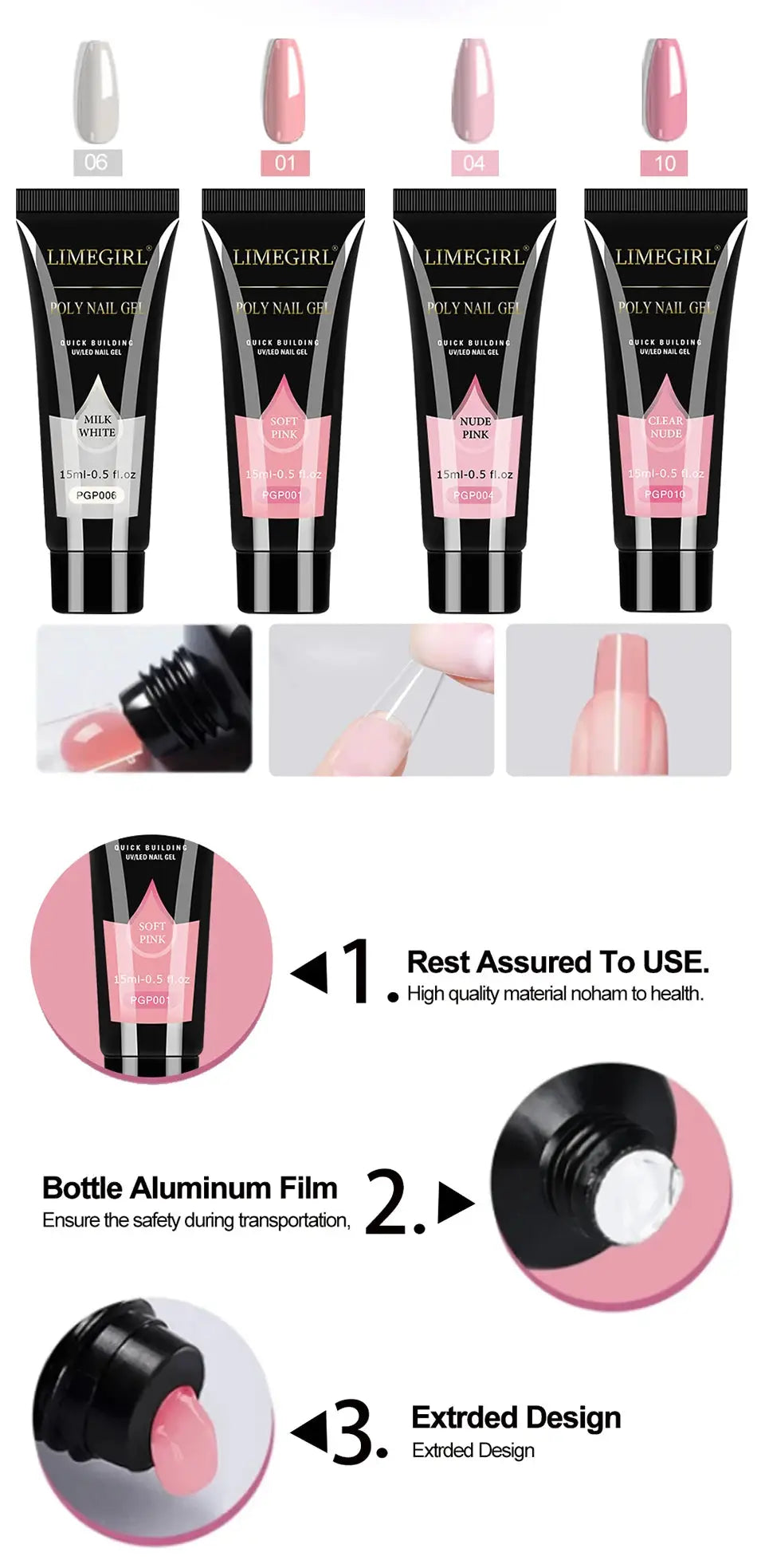 LIMEGIRL Gel Nail Polish Kit with 4x15ml tubes in Milk White, Soft Pink, Nude Pink, Clear Nude.