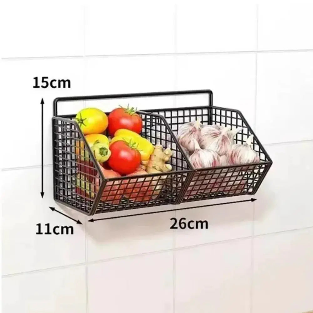 Simples Market wall-mounted metal wire storage basket, two-compartment black rack for vegetables and spices (26cm)