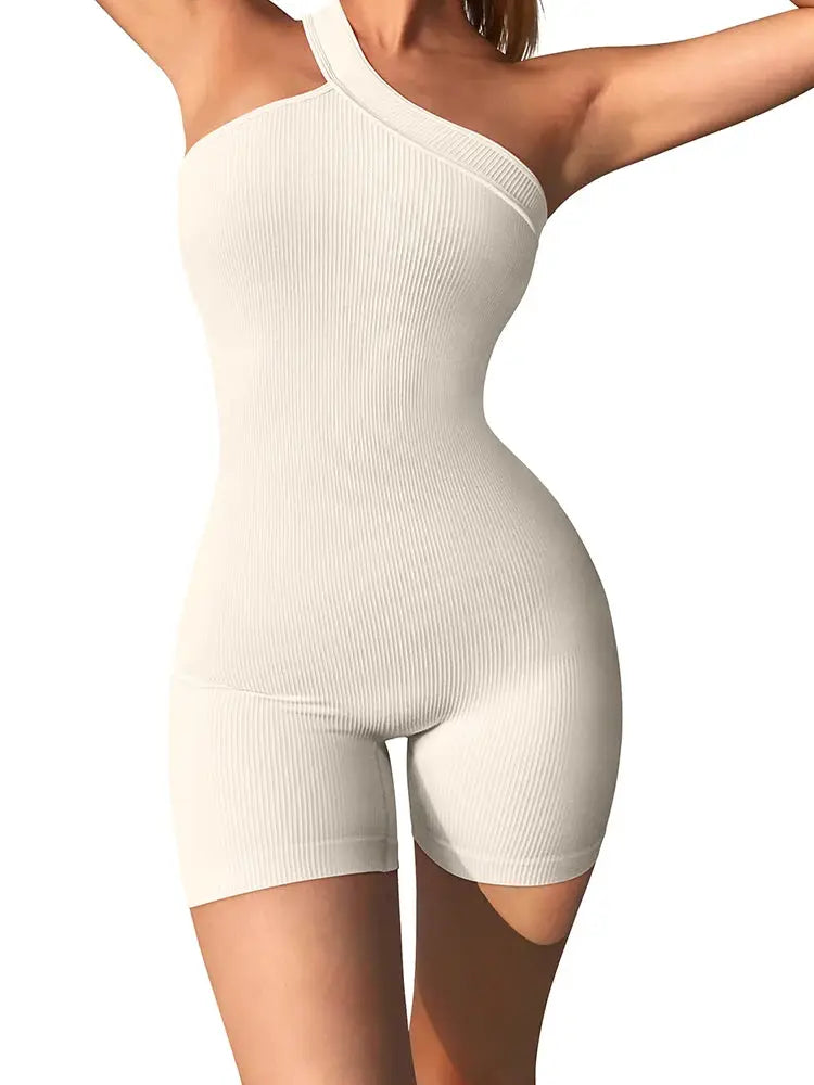 Simples Market women's ribbed one-shoulder romper in ivory