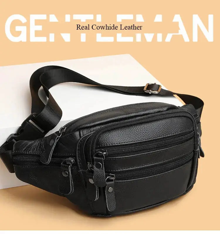 Men's black genuine leather fanny pack with multiple zip pockets and adjustable strap