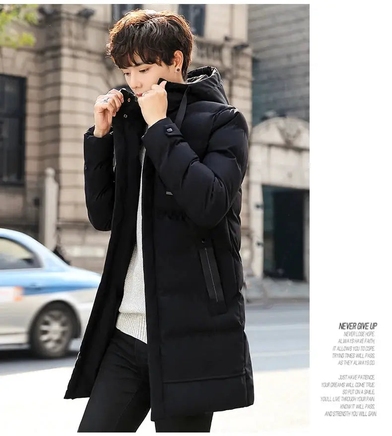 Men's black mid-length cotton-padded hooded puffer jacket for winter, Simples Market