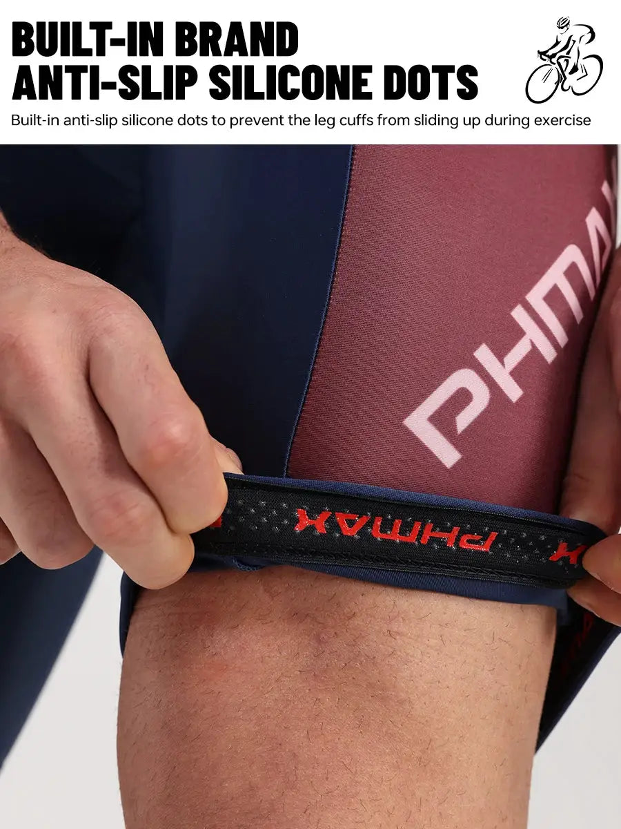 PHMAX men's cycling bib shorts with navy and burgundy panels and silicone grip leg band
