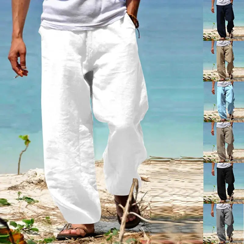 Men's white cotton-linen pants with a loose fit, drawstring waist, breathable long trousers.